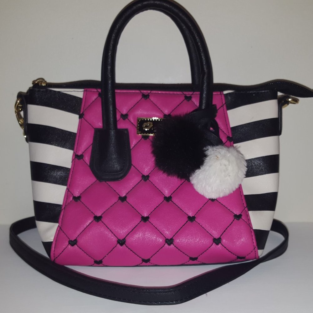 Luv Betsey by Betsey Johnson Shoulder Bag Purse Tote Black Pink Quilted Hearts